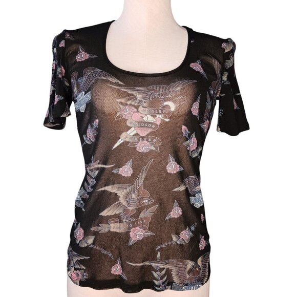 Harley Davidson Womens M Sheer Mesh Short Sleeve AOP Top Vintage Made In USA - Picture 3 of 12